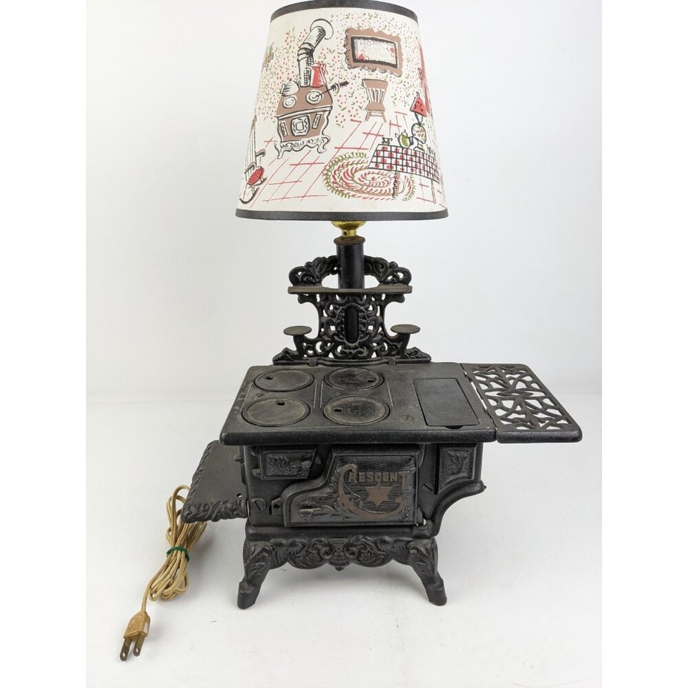 Vintage Crescent Cast Iron Mini Stove Lamp Burner Covers Tested Worked Lampshade